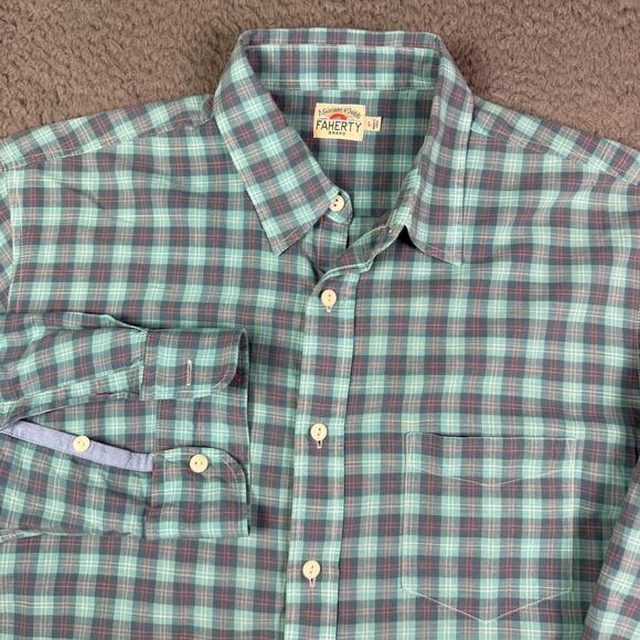 Faherty Movement Shirt Mens L Green Plaid Cotton Stretch Long Sleeve Pocket - Picture 1 of 8